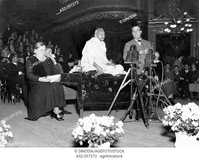 Gandhi addressing meeting of International Workers and Labourers at People's Hall. Lausanne. Switzerland. December 8, 1931