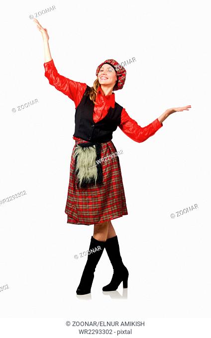 Funny woman in scottish clothing on white