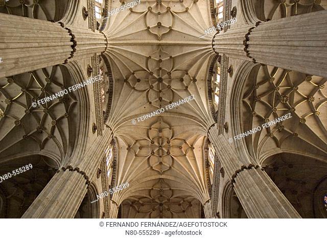 Central nave vaults of Gothic cathedral, Salamanca. Castilla-León, Spain