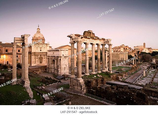 View from Piazza del Campidoglio towards Temple of Saturn and arch of Septimius Severus, Roman Forum, Rome, Italy, Europe