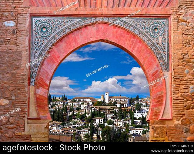 Alhambra arch Granada illustration with Albaicin barrio photo mount