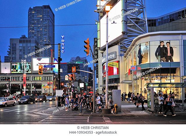 Canada, Dundas Yonge Square, Ontario, Toronto, crosswalk, crowd, dark, dusk, night, people, shopping, shops, sidewalk, sundown