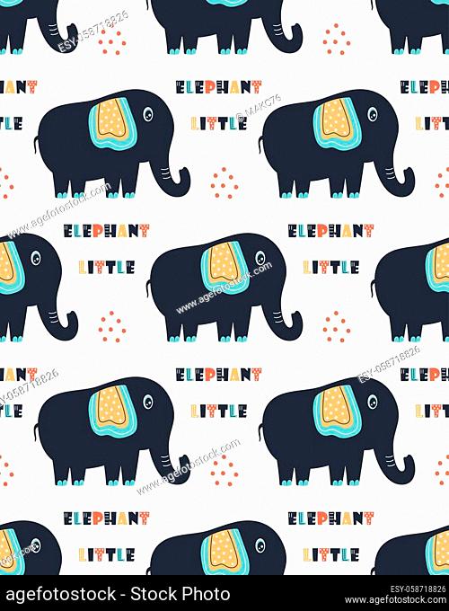 vector colored childish seamless pattern with cute animals and lettering little elephants in scandinavian style isolated on white background