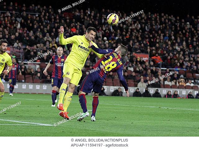 2015 La Liga FC Barcelona v Villareal Feb 1st. 01.02.2015. Barcelona, Spain. La Liga. FC Barcelona versus Villareal. Mario ofVillareal (L) challenged by Jordi...