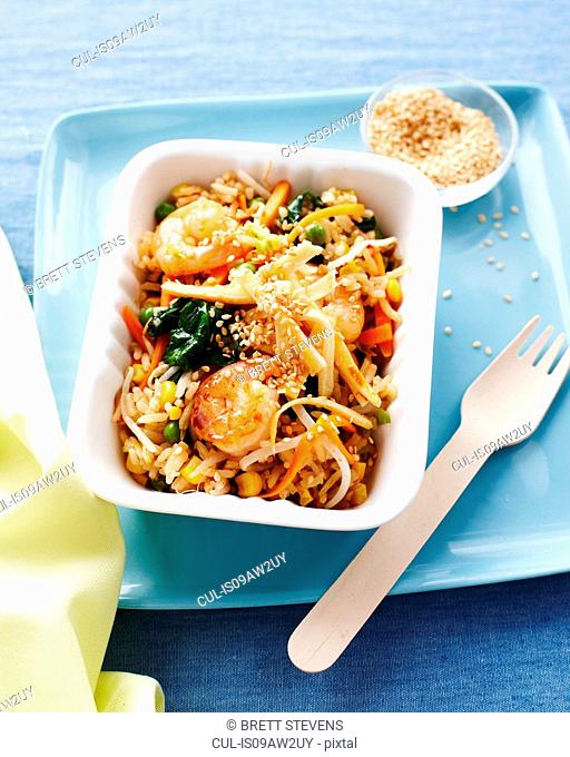 Prawn egg fried rice in fast food container, kids lunch idea