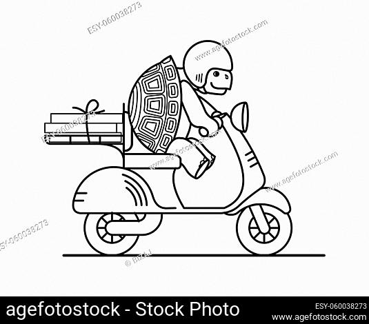 outline turtle is riding a scooter; slow delivery; a cute turtle in a helmet carries boxes on a moped; symbol of slowness; coloring book page