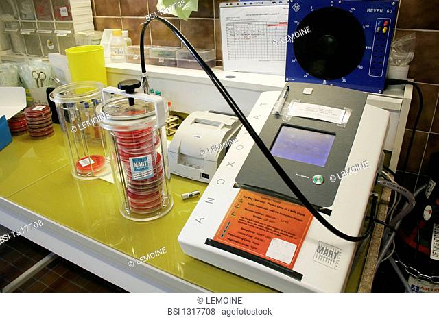 Photo essay from hospital. Rambouillet hospital. Analytic laboratory, bacteriological sector. Device Anoxomat Mart and bacterial culture in anaerobiosis 0...