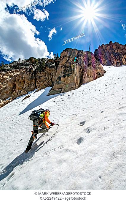 climbing the Chockstone Couloir, AKA the Boy Scout Couloir an alpine route which is rated Grade 3, Class 4 and located on The Grand Mogul in the Sawtooth...