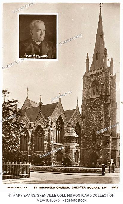 St Michael's Church, Chester Square, Pimlico, London. Inset photograph of the priest, Canon Fleming