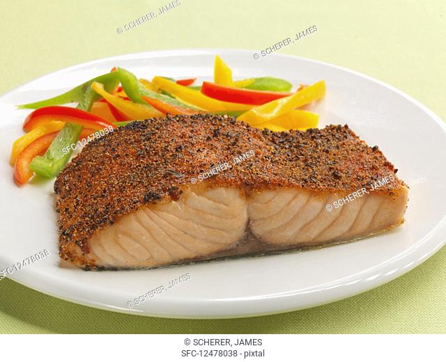 Spicy mesquite salmon fillet with pepper strips