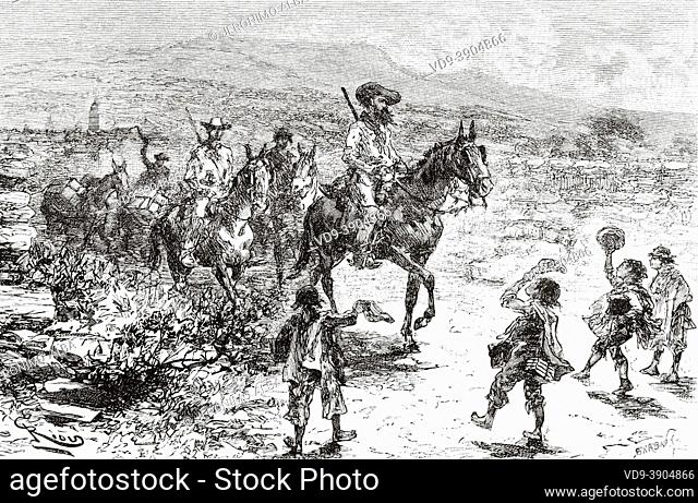 Argentine children who go to school greet the explorers. Argentina, South America. Old 19th century engraved illustration