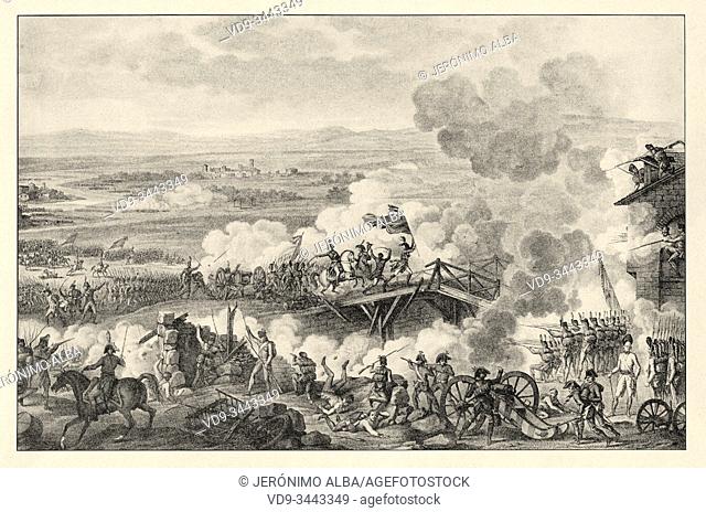 Napoleon Bonaparte at the battle of the Arcole bridge, 1796. History of France, old engraved illustration image from the book Histoire contemporaine par l'image...