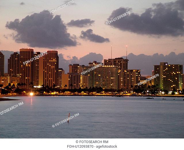 Waikiki, Honolulu, Oahu, HI, Hawaii, Waikiki from Kewalo Basin Park, skyline, beachfront, morning