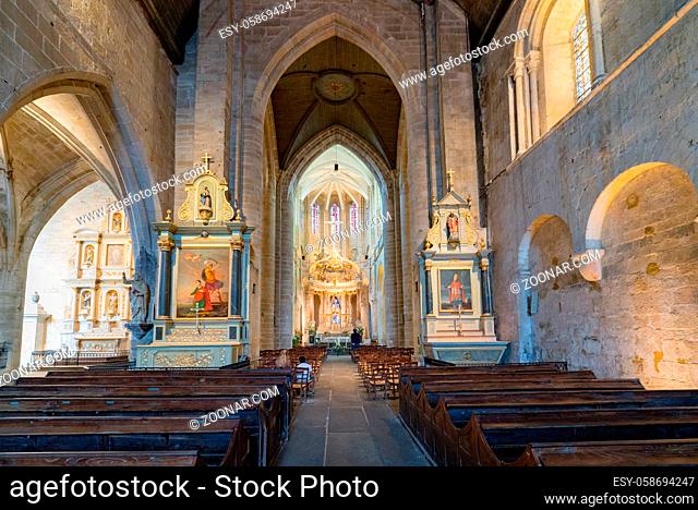 Dinan, Cotes-d-Armor / France - 19 August 2019: interior view of the historic Basilica de Saint-Sauveur church in the Breton town of Dinan