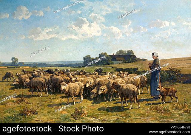 Leemputten Cornelis Van - a Shepherdess with Her Flock - Belgian School - 19th Century