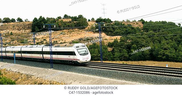 Spain, Catalonia, Lleida province, High Speed Train, AVE Alvia Serie 120 entering the Vinaixa viaduct