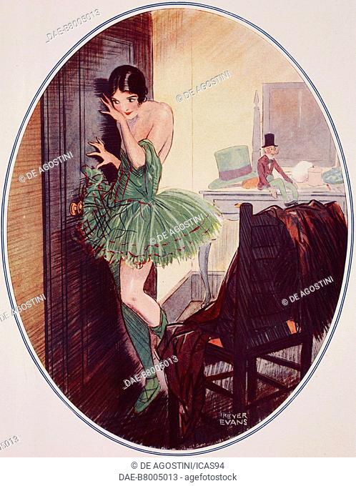 You can't come in, I'm not fit to be seen, a dancer in a dressing room, drawing by Treyer Evans from The Tatler, No 1385, January 18, 1928, London