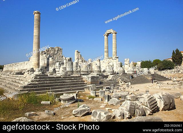 Tourists at the stairs of Temple of Apollo in the Archeological area of Didim, Didyma, Aydin Province, Turkey, Europe