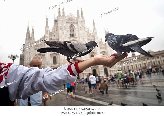 A boy feeds pigeons on the Piazza del Duomo in front of the dome in Milan, Italy, 24 July 2014. Photo: Daniel Naupold/dpa | usage worldwide