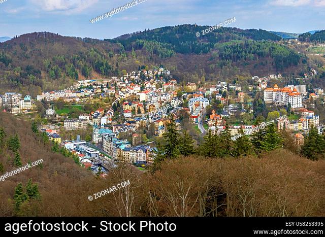 View of Karlovy Vary from Diana observation tower on hill, Czech republic