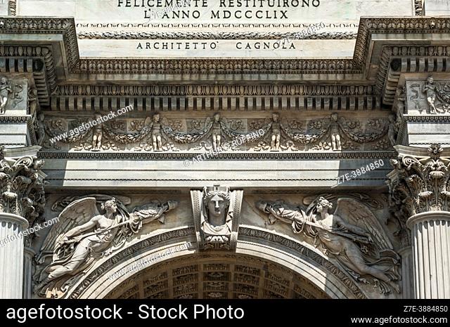Architectual detail of the Arco della Pace/Porta Sempione (Arch of Peace). Corso Sempione. Milan, Metropolitan City of Milan, Lombardy, Italy, Europe