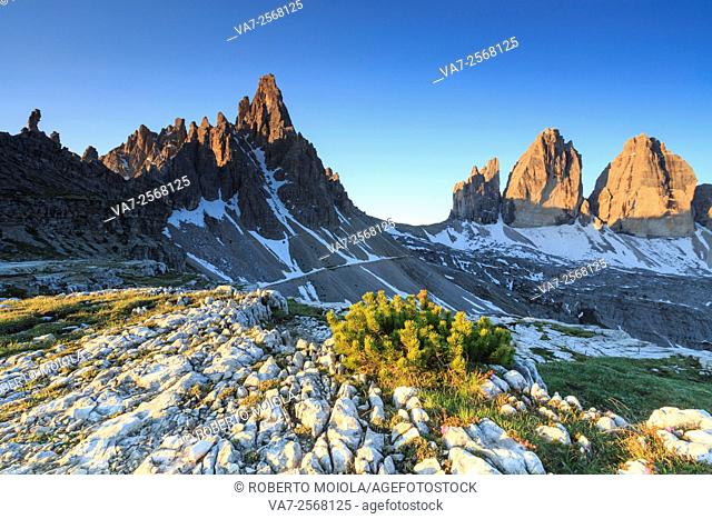 Dawn illuminates the Three peaks of Lavaredo and Mount Paterno. Sesto Dolomites Trentino Alto Adige Italy Europe