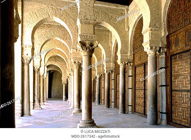 Portico of the Kairouan's Great Mosque, by Aghlabid craftmen, from 836, 9th Century, brickwork and carved stones. Tunisia, Kairouan