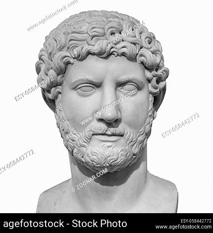 Head and shoulders detail of the ancient man with beard sculpture. Antique face with whiskers statue isolated on white background