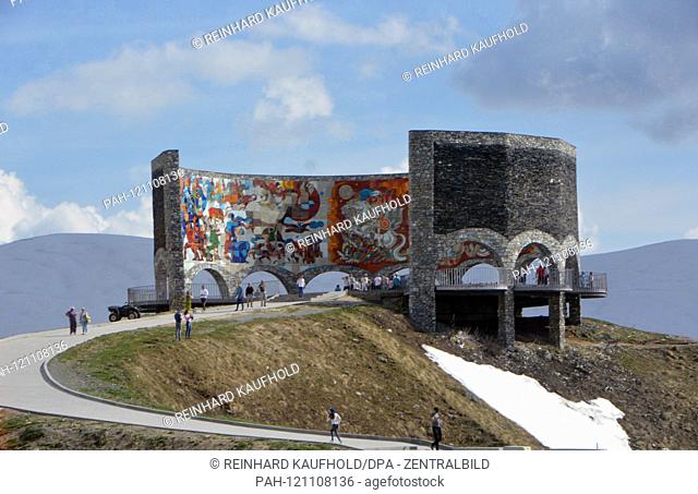 This huge semicircular monument near the Cross pass (2379 meters high) on the old Georgian military road in the Greater Caucasus in Georgia is dedicated to the...