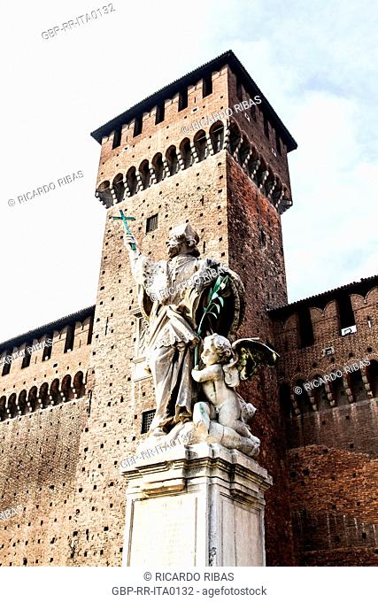 San Giovanni Nepomuceno statue and Bona di Savoia Tower at Sforza Castle (Castello Sforzesco). Milan, Province of Milan, Italy. 08.12.2012