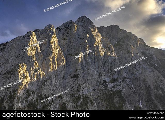 Pedraforca north face aerial view in a spring sunset over Saldes Valley (Barcelona province, Catalonia, Spain, Pyrenees)