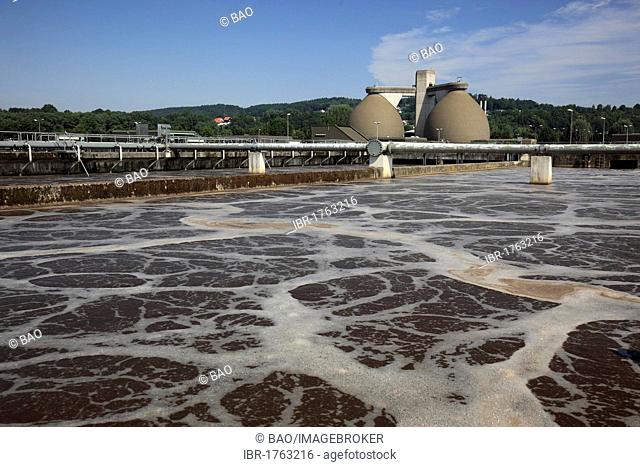 Modern sewage treatment plant, view over a primary clarifier and recirculation basin for nitrification on digester towers, Kulmbach, Bavaria, Germany, Europe