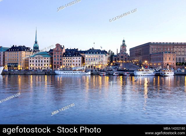 Sweden, Stockholm, view to the old town quay, ship landing stage, blue hour