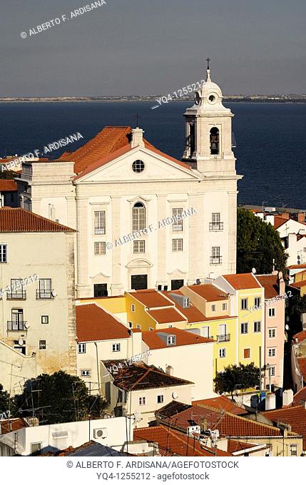 View of the Sao Estevao Church from the Mirador das Portas do Sol, Alfama, Lisbon, Portugal