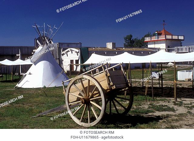 North Dakota, Teepee, cart and wagon exhibits at the Fort Union Trading Post National Historic Park