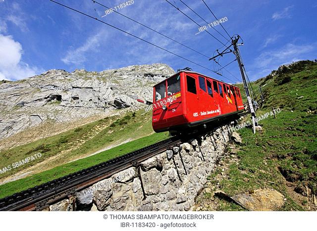 Cogwheel railway to Mount Pilatus, a recreational mountain near Lucerne, the 48% gradient making it the steepest cogwheel railway in the world, Switzerland