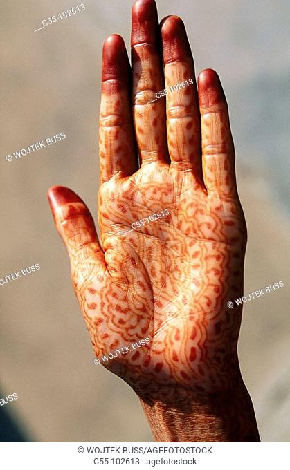 Hand with tattoo. Jaipur. Rajasthan. India
