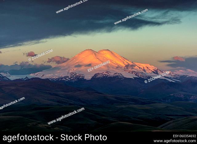 Beautiful view of Mount Elbrus at sunrise, North Caucasus mountains, Russia