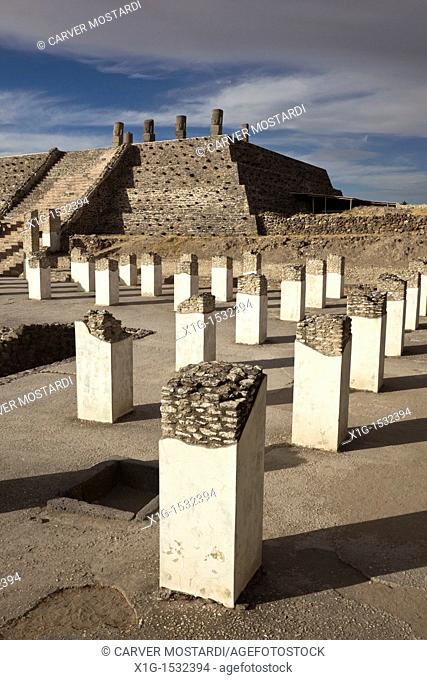 Columns in front of the Tlahuizcalpantecuhtli Pyramid or Temple of the Morning Star in the Toltec capital of Tula, Mexico