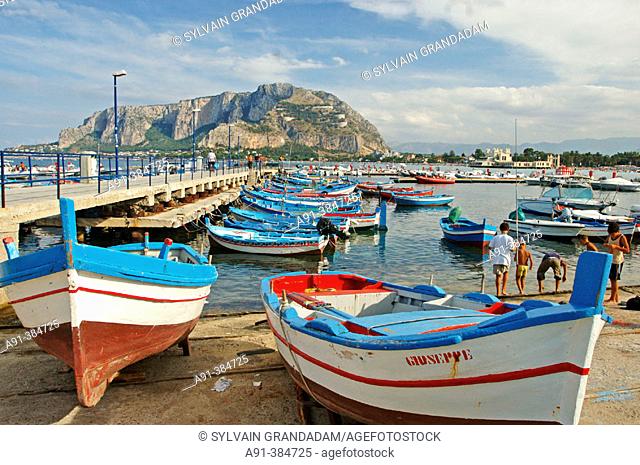 Fishermen boats in the harbour. Seaside resort of Mondello near Palermo. Sicily. Italy