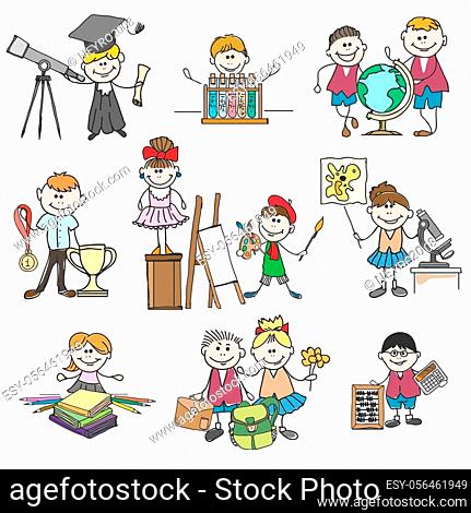 Kids hobbies doodle drawings. Boy and girl, childhood and school education,  Stock Vector, Vector And Low Budget Royalty Free Image. Pic. ESY-056461949  | agefotostock