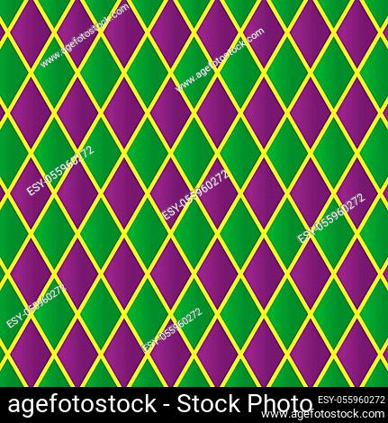 Mardi Gras pattern. Traditional geometric cover for Carnival festival violet, green, yellow colors. Holidays greeting card or banner, poster, web, invitation