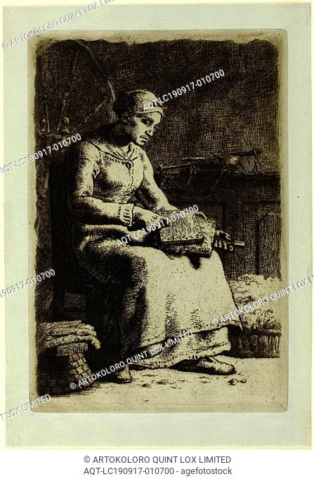 The Wool-Carder, 1855–56, Jean François Millet, French, 1814-1875, France, Etching on bluish-green laid paper hinged on left side to ivory card