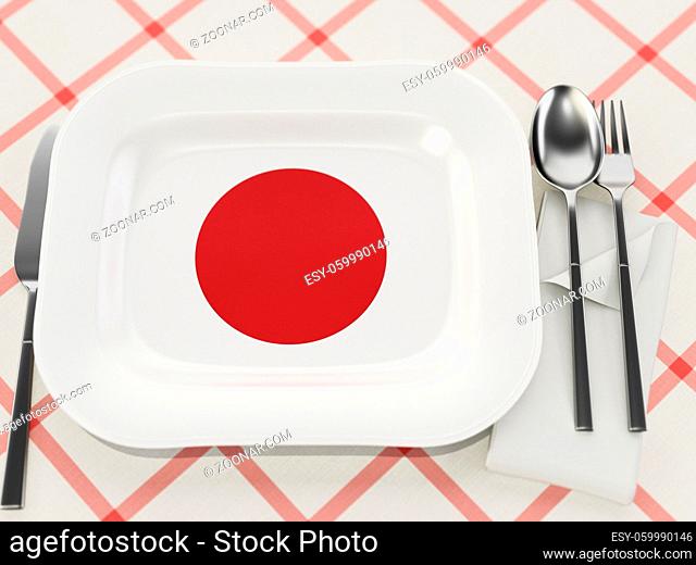 Japanese cuisine concept with Japanese flag textured serving plate. 3D illustration