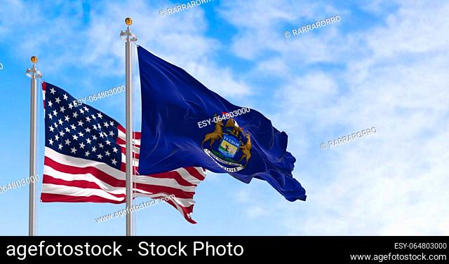 Michigan state flag and national american flag waving in the wind on a clear day. Pride and patriotism concept. 3d illustration render