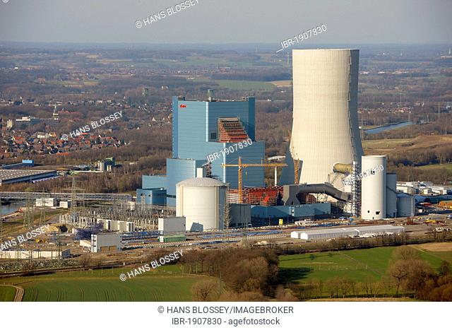 Aerial view, Kohlekraftwerk EON Datteln 4 coal power plant, on the Dortmund-Ems Canal, building freeze, Castrop-Rauxel, Ruhrgebiet region