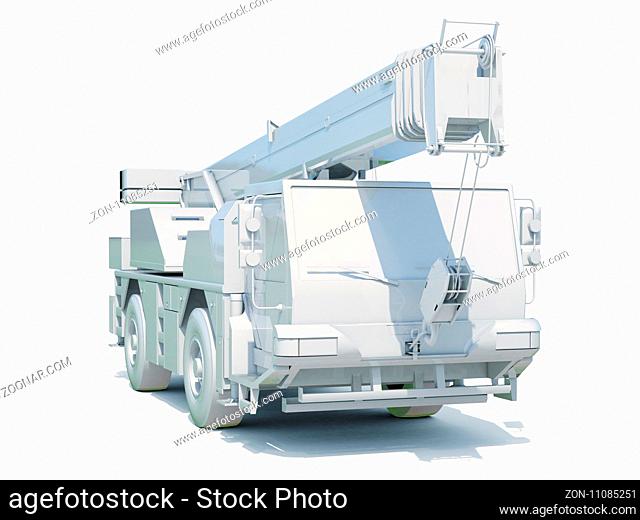 Truck Mounted Crane on White, Construction Equipment, Special Machines for the Construction Work, Construction Vehicle, Hydraulic Truck Crane