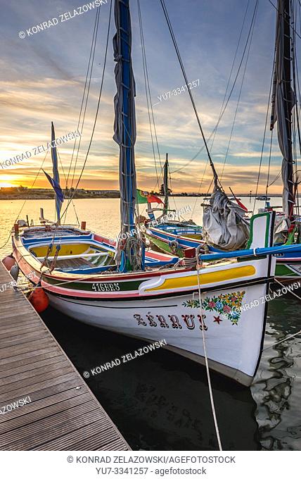 Traditional painted boats in port of Moita town, Setubal District in Portugal