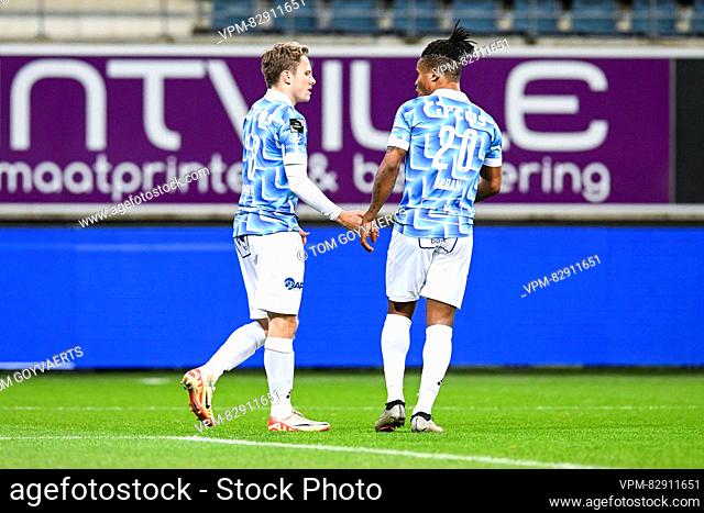 Gent's Matisse Samoise celebrates after scoring during a soccer match between KAA Gent and OH Leuven, Thursday 21 December 2023 in Gent
