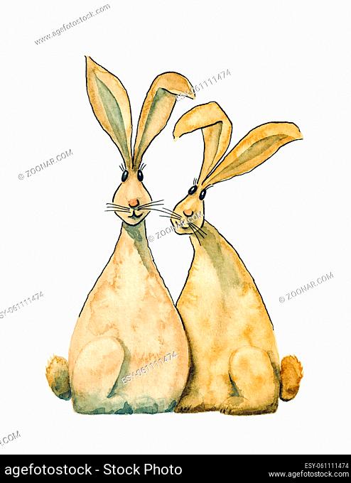 A watercolor illustration of two sweet easter rabbits